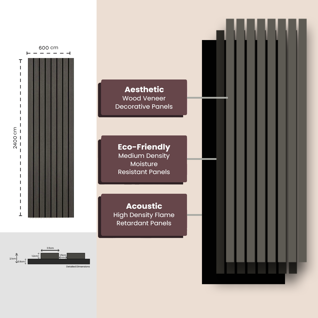 Wooden Acoustic Wall Panels 2400mmx600mm - Grey
