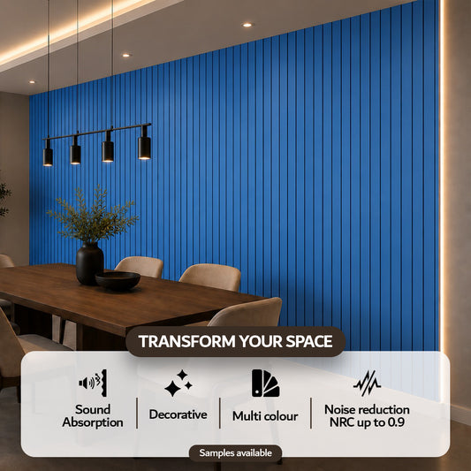 Blue PVC acoustic slat wall panel — alternate angle of slats and felt backing