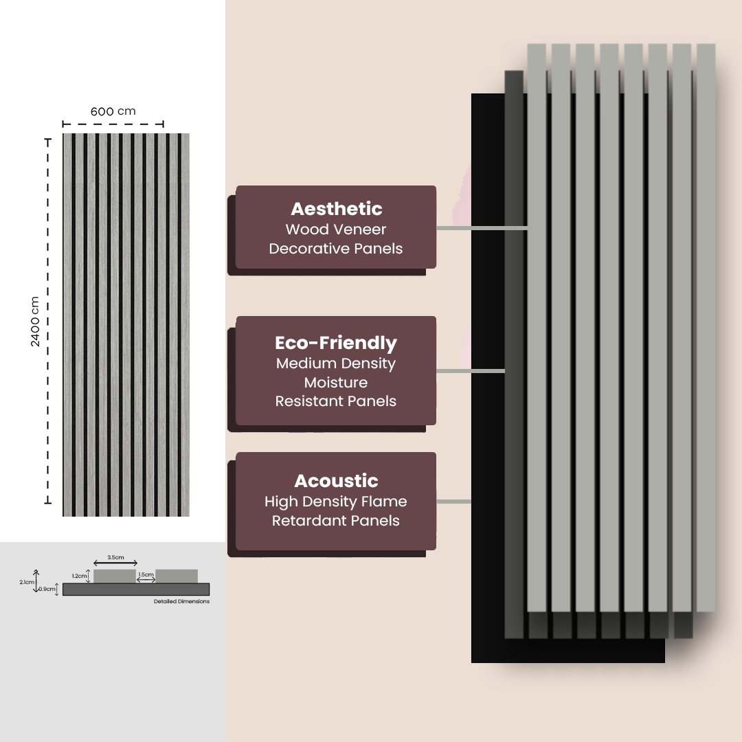Wooden Acoustic Wall Panels 2400mmx600mm - Silver Walnut