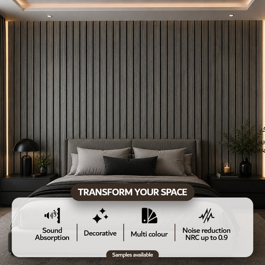 Dark Oak acoustic slat wall panel — angled view of slats and felt backing