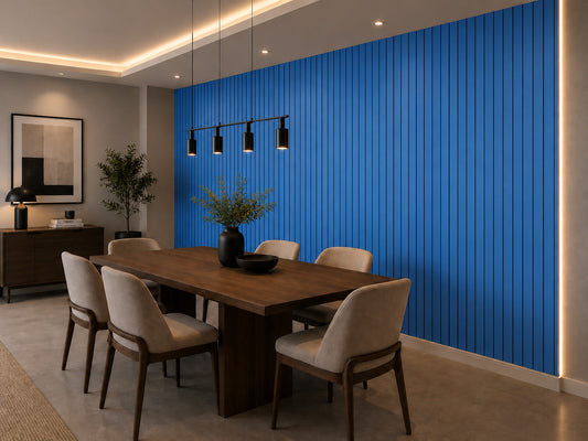 Blue PVC acoustic slat wall panel — 2400×600mm statement panel close-up