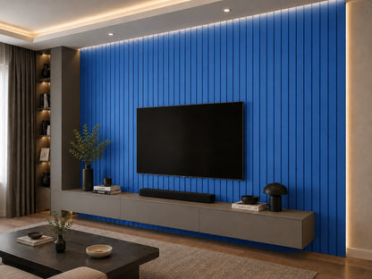 Blue PVC acoustic slat wall panel — slat texture and colour detail