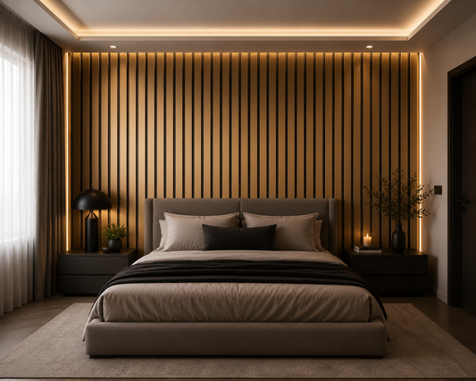 Brass PVC acoustic slat wall panel — 2400×600mm metallic statement panel close-up