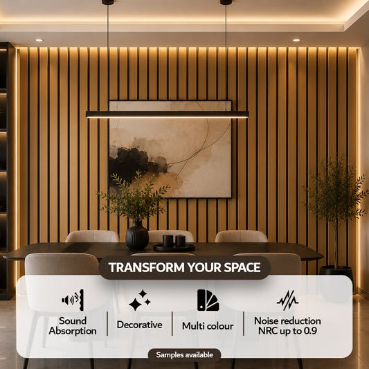 Brass PVC acoustic slat wall panel — angled view of slats and acoustic felt backing