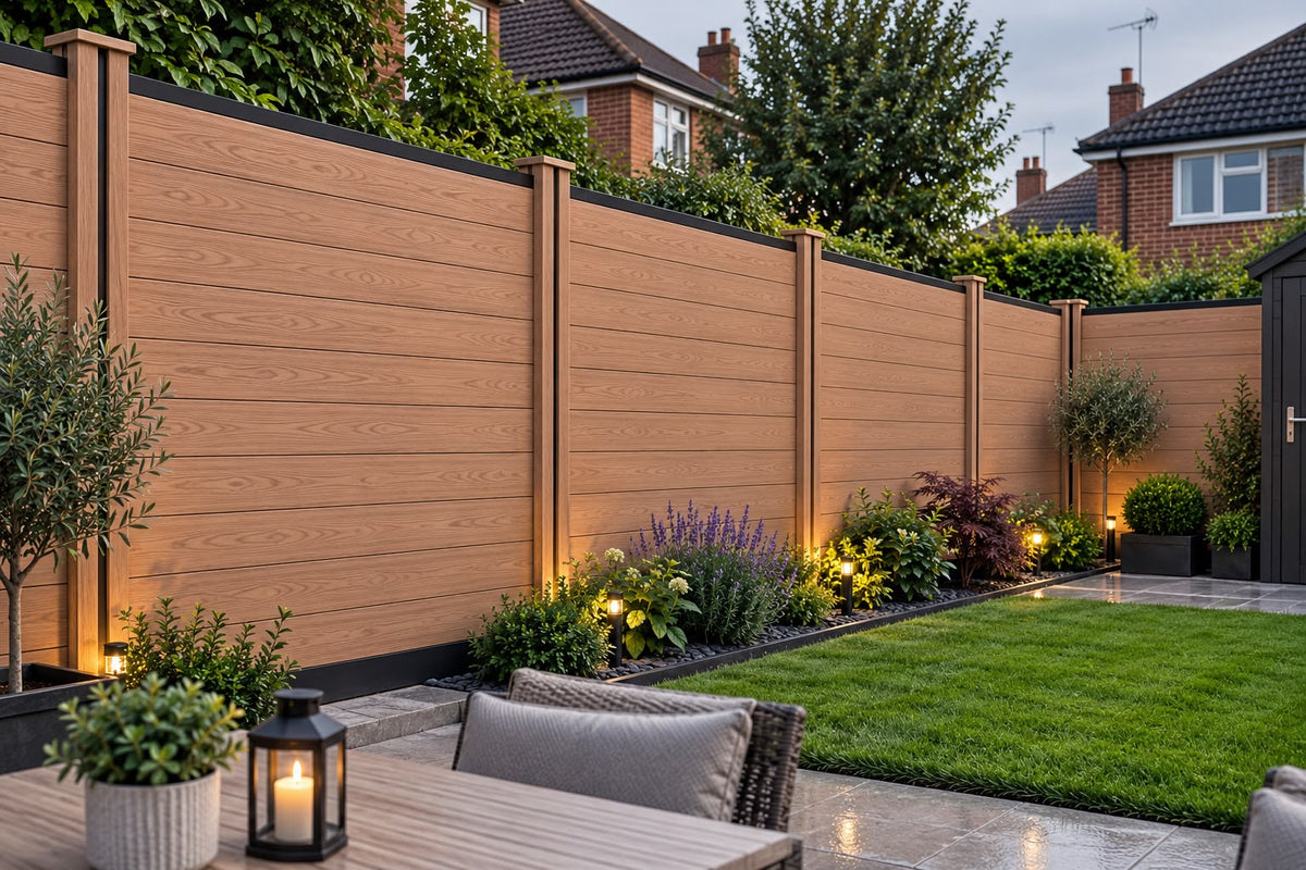 Composite Fencing Panel Set Dark Teak installed in a landscaped British back garden with outdoor dining area and garden border lighting at dusk