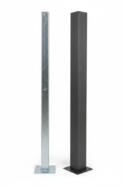 Composite Fencing End Post Set hero image showing two posts side by side on white background: left is a bare 1.8m galvanised steel square post with flat base plate, right is the same post fitted with an Anthracite dark grey WPC composite outer sleeve with wood grain texture and base plate at the bottom