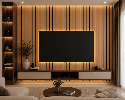 White Oak acoustic slat wall panel — 2400×600mm light oak wood veneer close-up