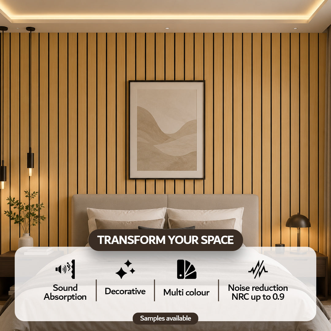 White Oak acoustic slat wall panel — alternate angle of slats and backing
