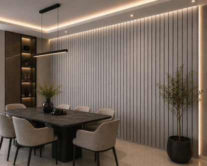 Silver Walnut acoustic slat wall panel — 2400×600mm with 44mm wide slats close-up