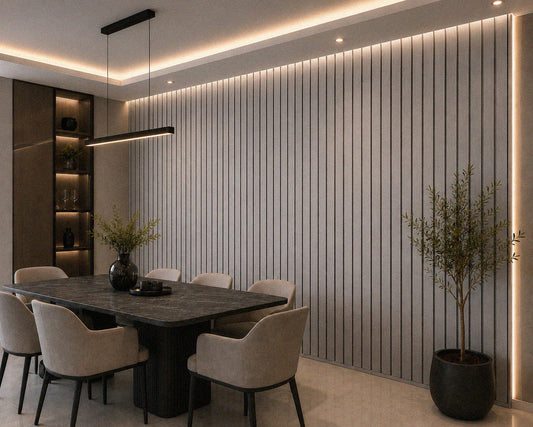Silver Walnut acoustic slat wall panel — 2400×600mm with 44mm wide slats close-up