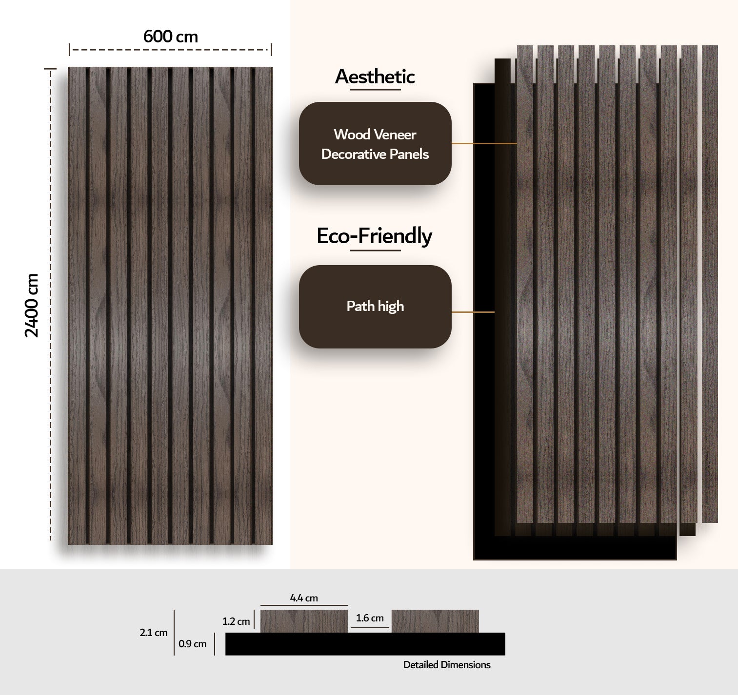 Walnut wide slat panel — alternate close-up of dark wood veneer finish