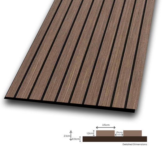 Walnut acoustic slat wall panel measurements — 35mm slat width and panel thickness