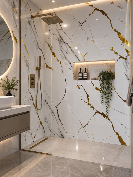 Gloss Carrara Gold Marble Shower Wall Panel | 2.4m x 1m | 10mm PVC Tongue & Groove