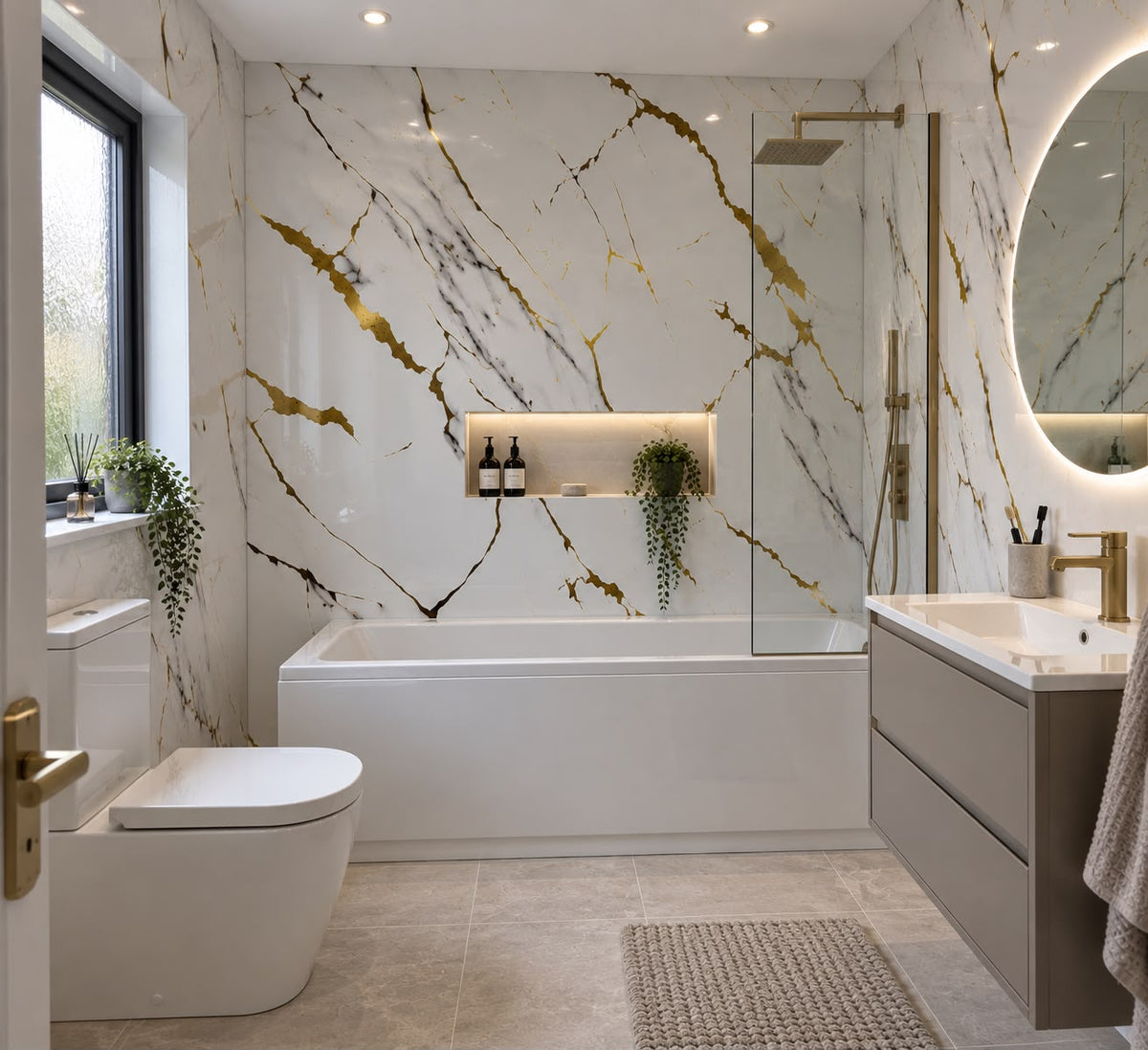 Gloss Carrara Gold Marble Shower Wall Panel | 2.4m x 1m | 10mm PVC Tongue & Groove