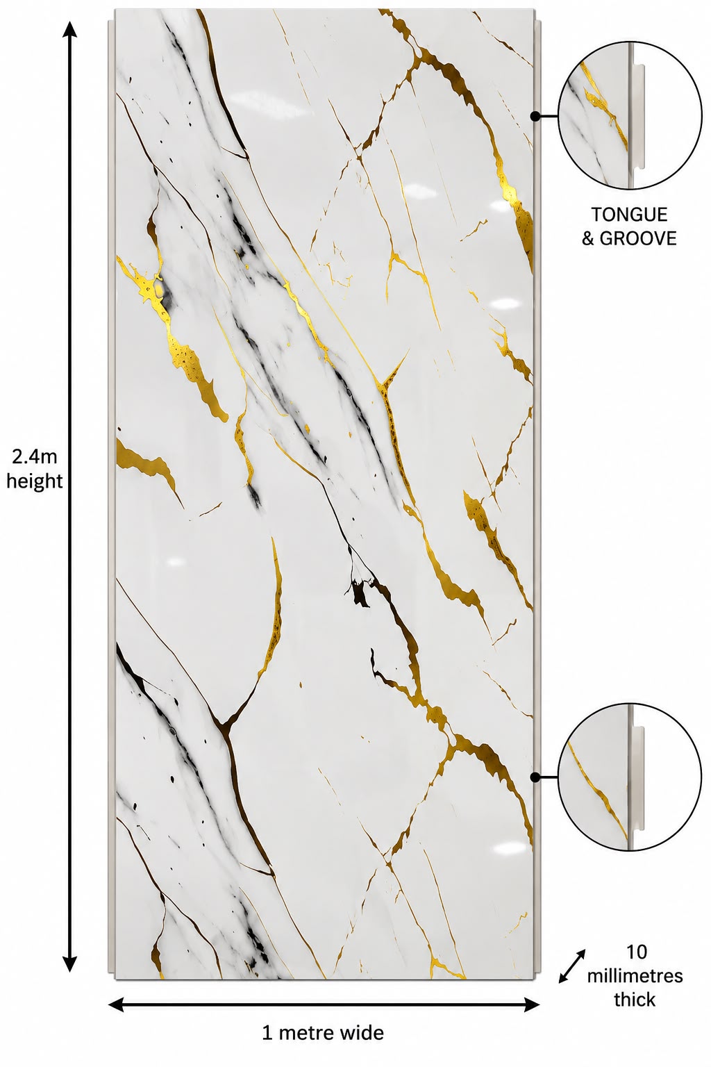 Gloss Carrara Gold Marble Shower Wall Panel | 2.4m x 1m | 10mm PVC Tongue & Groove