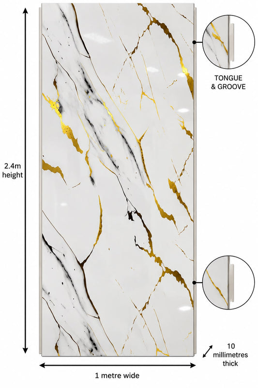 Gloss Carrara Gold Marble Shower Wall Panel | 2.4m x 1m | 10mm PVC Tongue & Groove