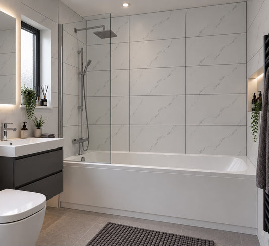 White Marble Matt Tile Effect Shower Wall Panel | 2.4m x 1m | 10mm PVC Tongue and Groove