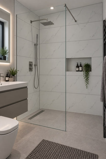 White Marble Matt Tile Effect Shower Wall Panel | 2.4m x 1m | 10mm PVC Tongue and Groove