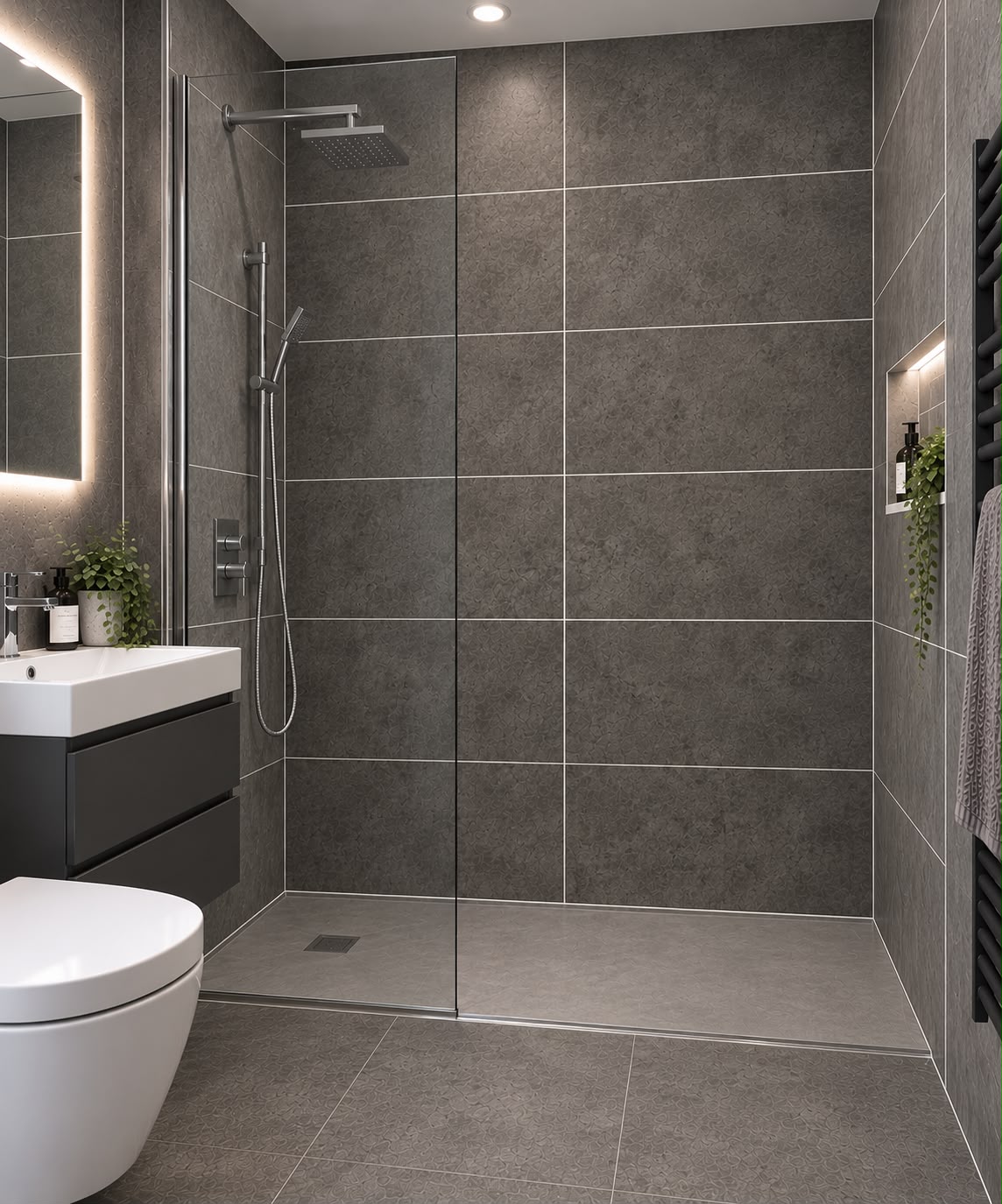Dark Grey Marble Matt Tile Effect Shower Wall Panel | 2.4m x 1m | 10mm PVC Tongue and Groove