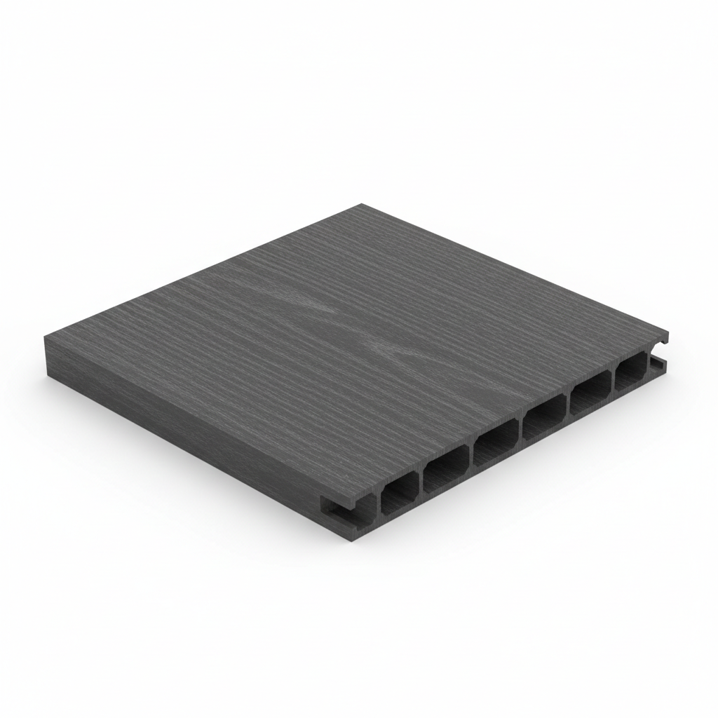 Composite fencing colour sample swatch Anthracite dark grey 15cm x 15cm square piece showing realistic wood grain texture and WPC hollow profile on cut edge, white background