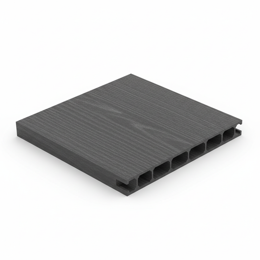 Composite fencing colour sample swatch Anthracite dark grey 15cm x 15cm square piece showing realistic wood grain texture and WPC hollow profile on cut edge, white background