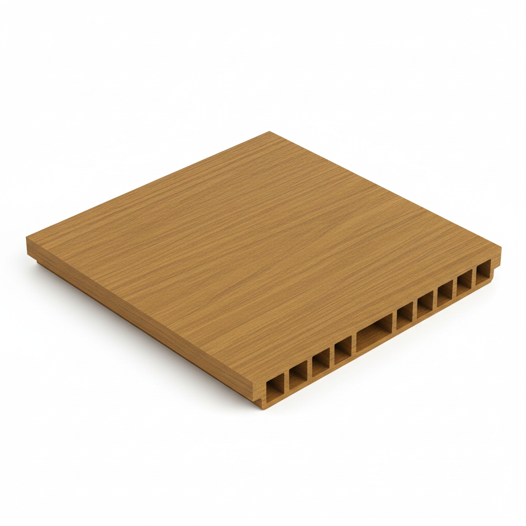 Composite fencing colour sample swatch Dark Teak warm golden-brown 15cm x 15cm square piece showing realistic wood grain texture and WPC hollow profile on cut edge, white background