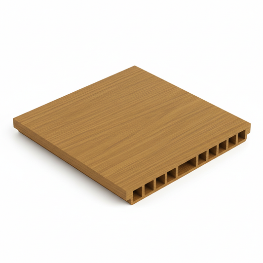 Composite fencing colour sample swatch Dark Teak warm golden-brown 15cm x 15cm square piece showing realistic wood grain texture and WPC hollow profile on cut edge, white background