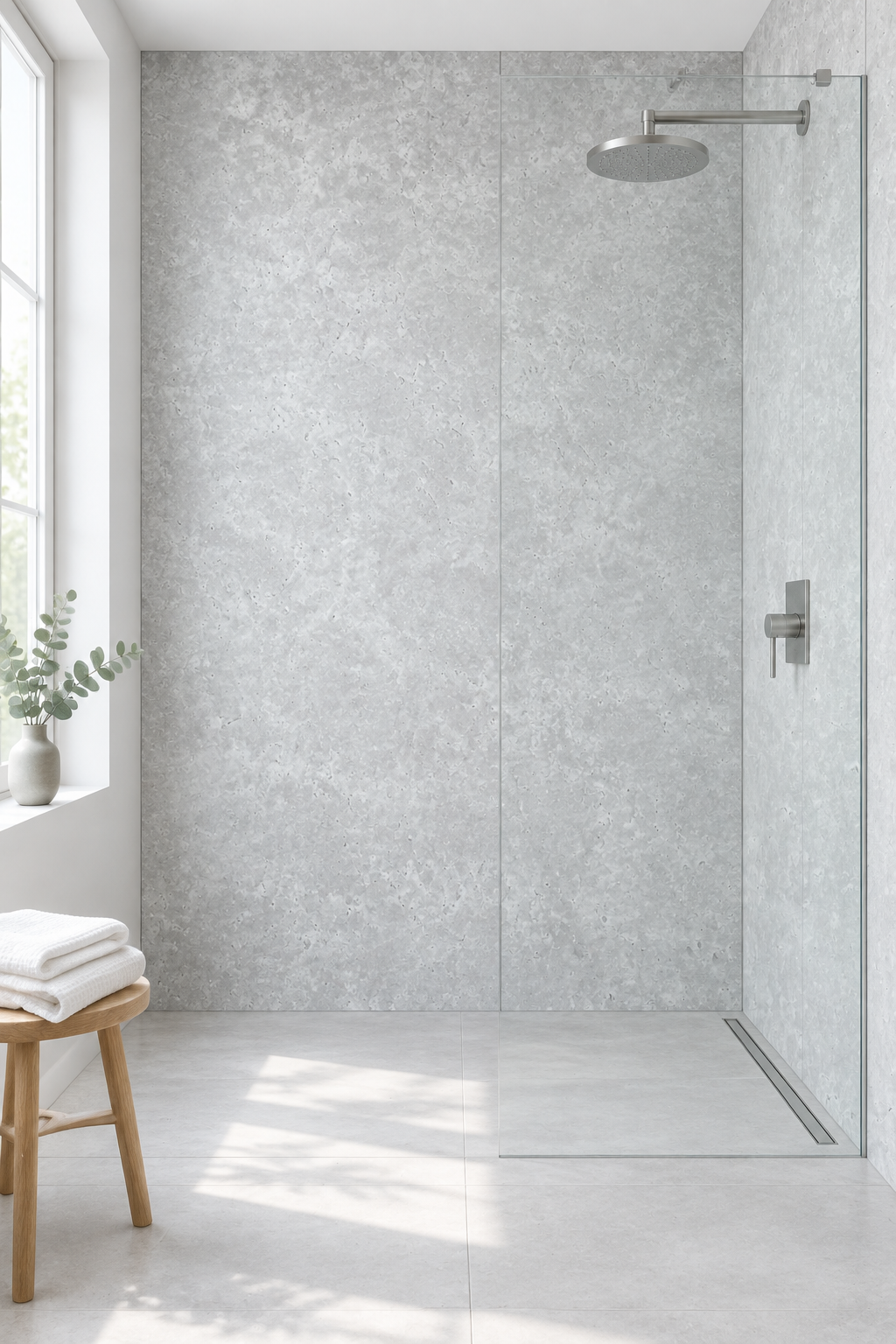 Matt concrete panels in a bright Scandinavian walk-in shower