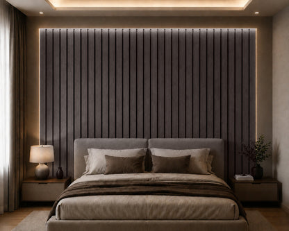Walnut acoustic slat wall panel — rich warm dark wood grain detail