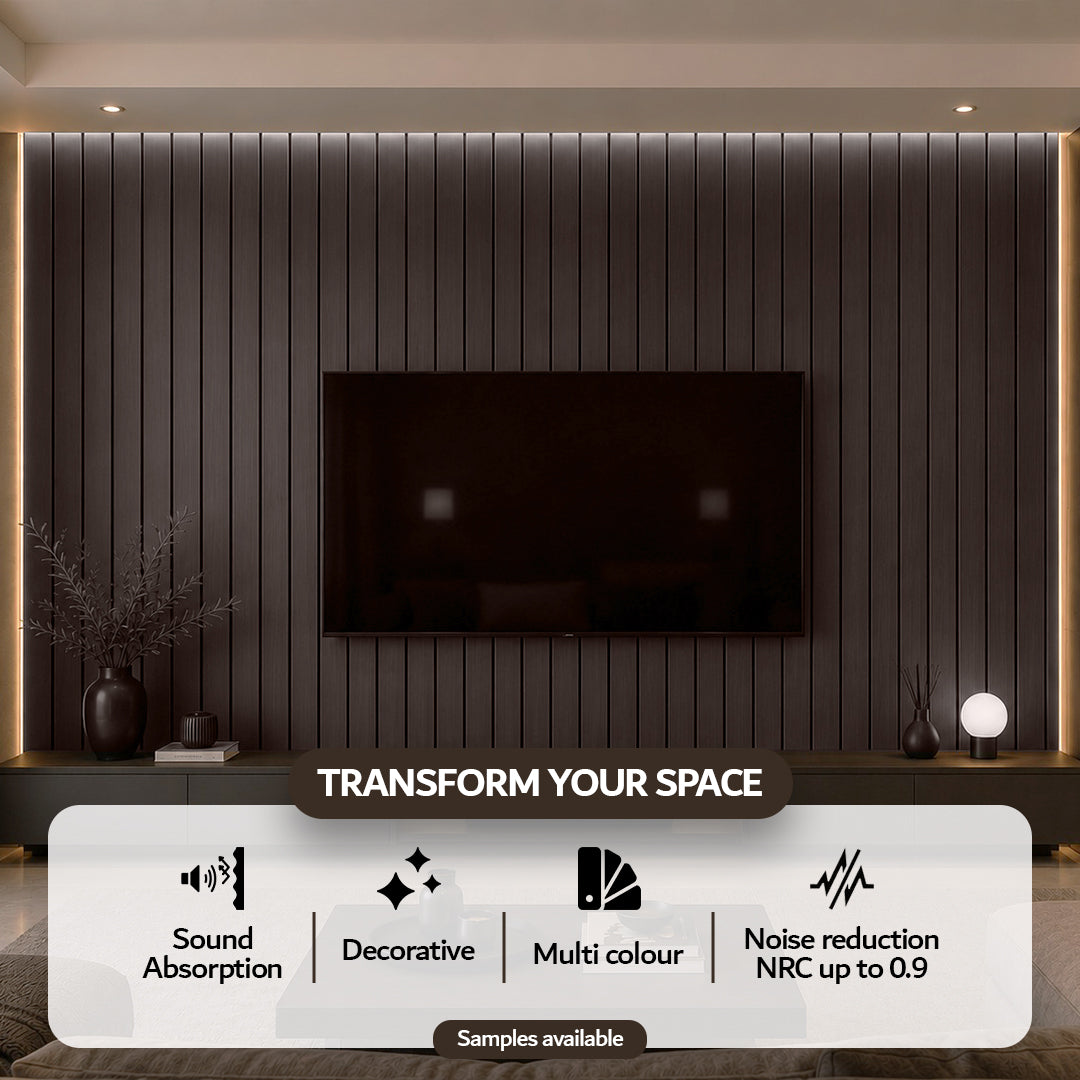 Walnut acoustic slat wall panel — angled view of wide slat profile