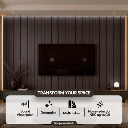 Walnut acoustic slat wall panel — angled view of wide slat profile