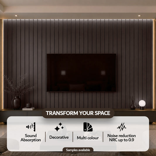 Walnut acoustic slat wall panel — angled view of wide slat profile