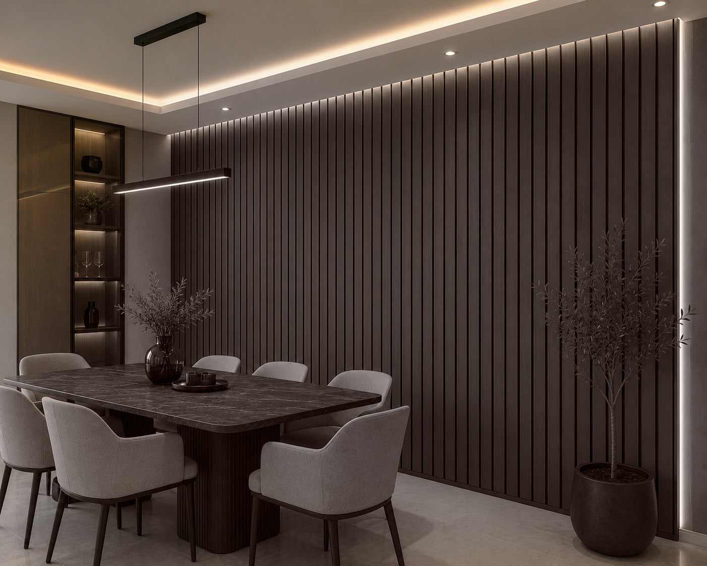 Walnut acoustic slat wall panel — 2400×600mm with 44mm wide slats close-up