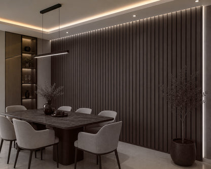 Walnut acoustic slat wall panel — 2400×600mm with 44mm wide slats close-up
