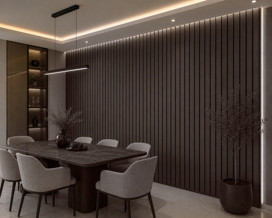 Walnut acoustic slat wall panel — 2400×600mm with 44mm wide slats close-up